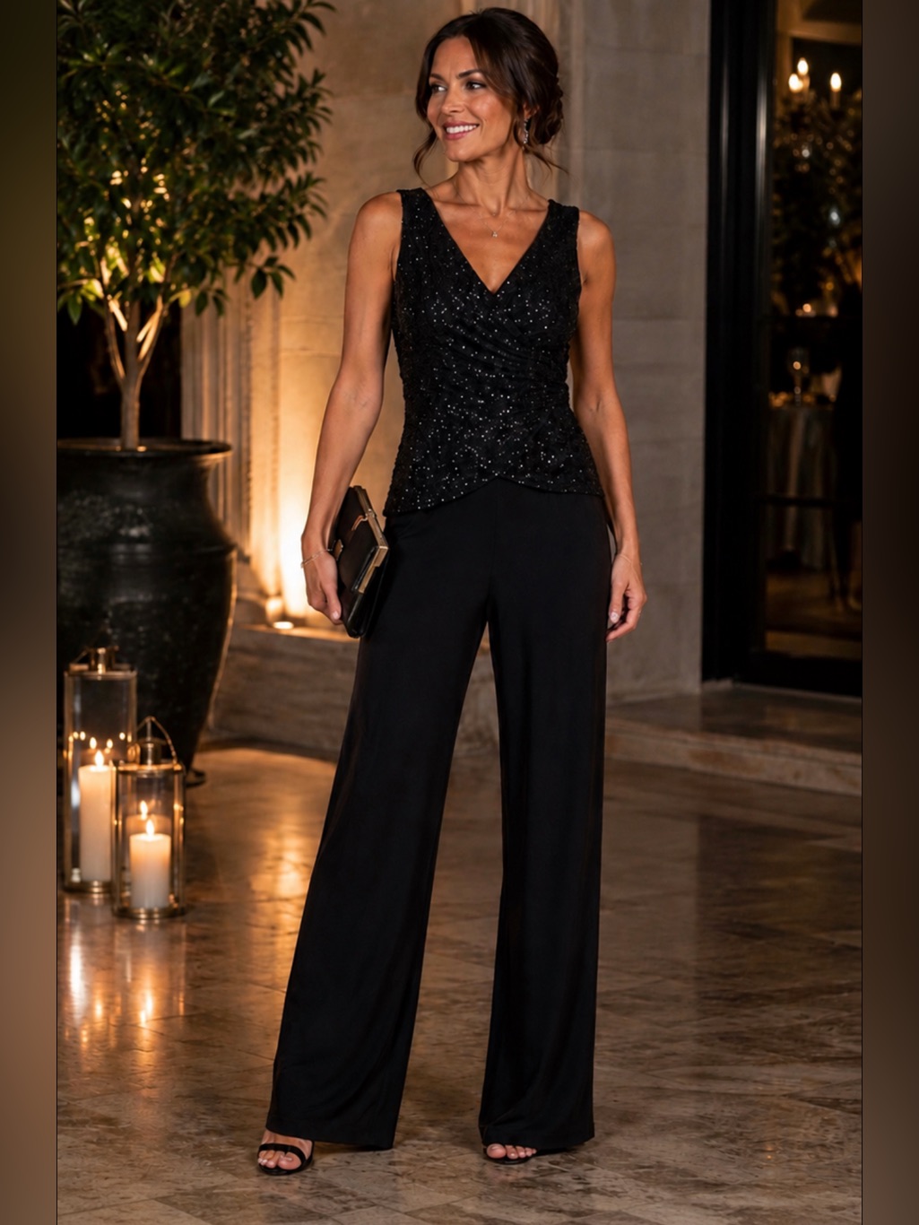 New Adrianna Papell Black Sequin Jumpsuit 4 Nwt